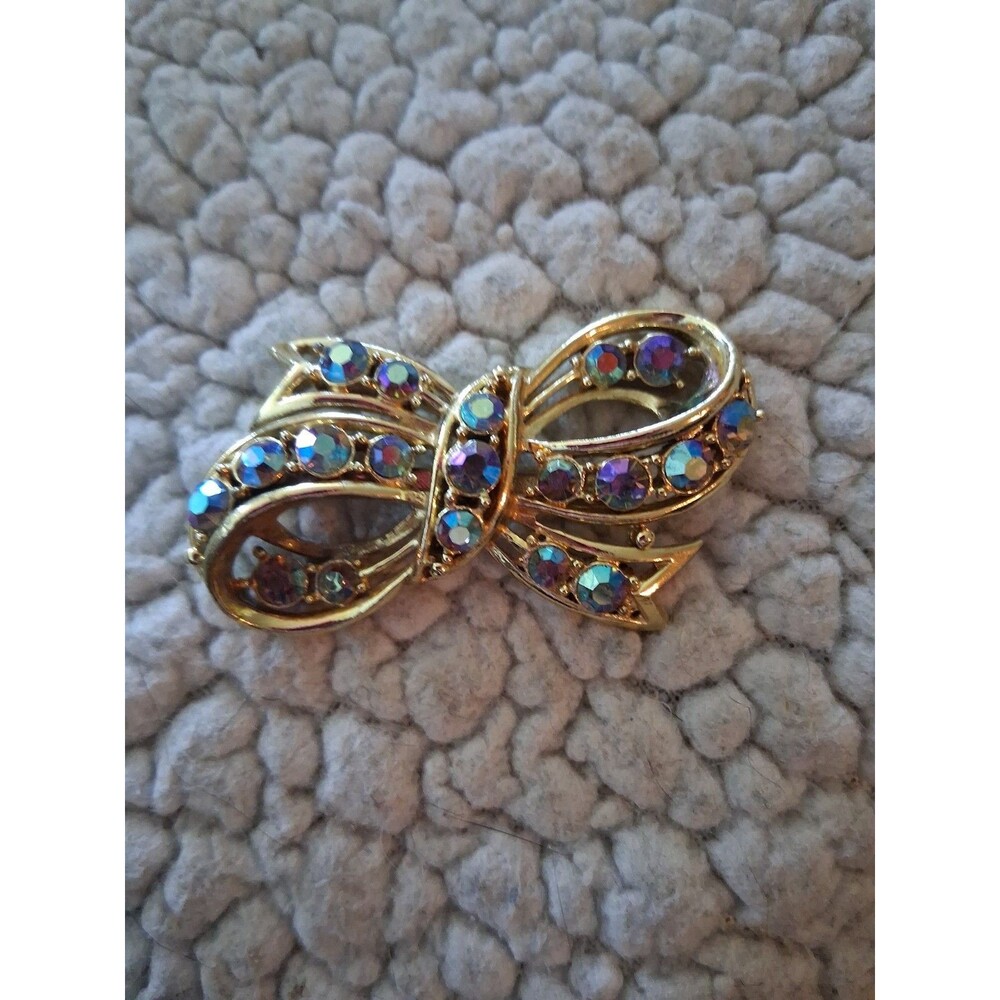 Stunning Vintage Estate Blue Crystal Ribbon 2” Gold Tone Brooch Pin